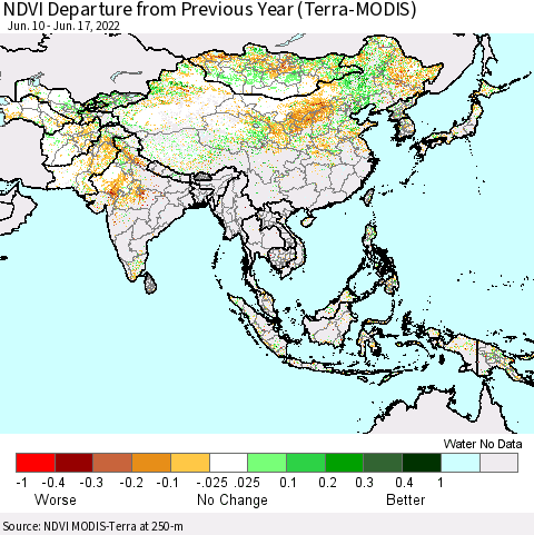 Asia NDVI Departure from Previous Year (Terra-MODIS) Thematic Map For 6/10/2022 - 6/17/2022