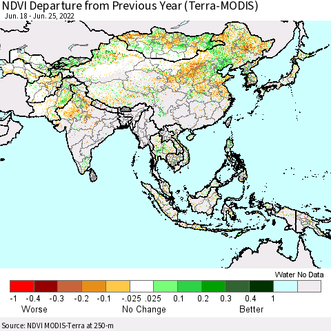 Asia NDVI Departure from Previous Year (Terra-MODIS) Thematic Map For 6/18/2022 - 6/25/2022