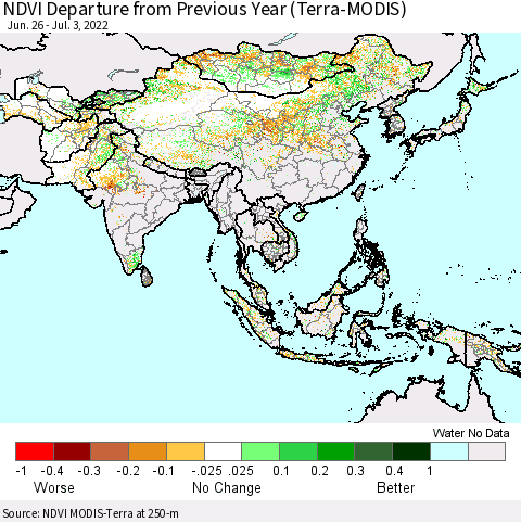 Asia NDVI Departure from Previous Year (Terra-MODIS) Thematic Map For 6/26/2022 - 7/3/2022