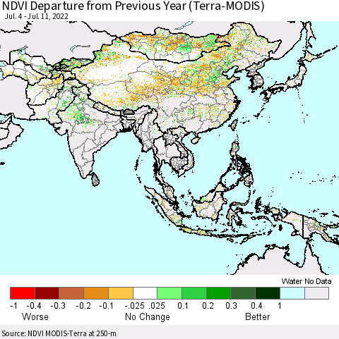 Asia NDVI Departure from Previous Year (Terra-MODIS) Thematic Map For 7/4/2022 - 7/11/2022
