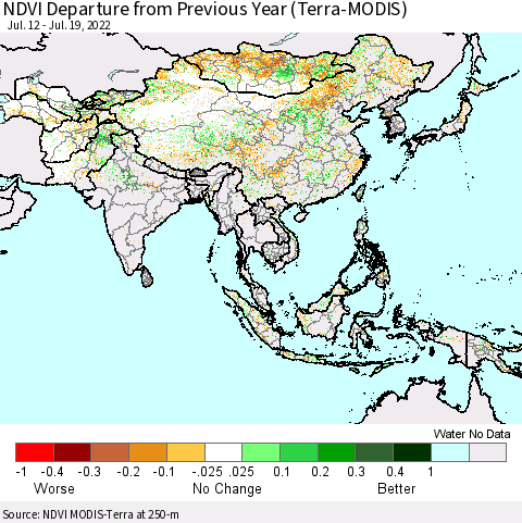 Asia NDVI Departure from Previous Year (Terra-MODIS) Thematic Map For 7/12/2022 - 7/19/2022