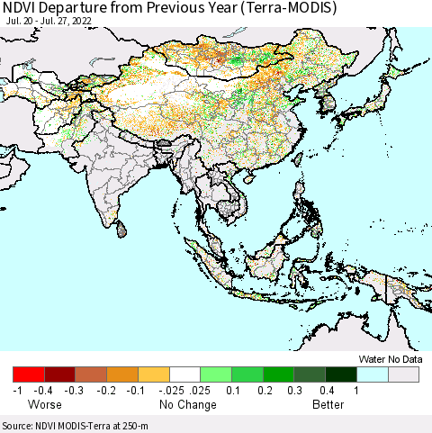 Asia NDVI Departure from Previous Year (Terra-MODIS) Thematic Map For 7/20/2022 - 7/27/2022