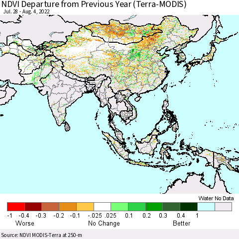 Asia NDVI Departure from Previous Year (Terra-MODIS) Thematic Map For 7/28/2022 - 8/4/2022