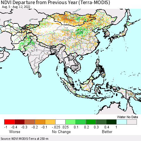 Asia NDVI Departure from Previous Year (Terra-MODIS) Thematic Map For 8/5/2022 - 8/12/2022
