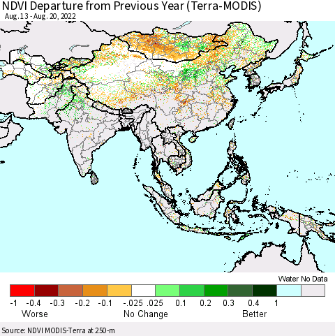 Asia NDVI Departure from Previous Year (Terra-MODIS) Thematic Map For 8/13/2022 - 8/20/2022