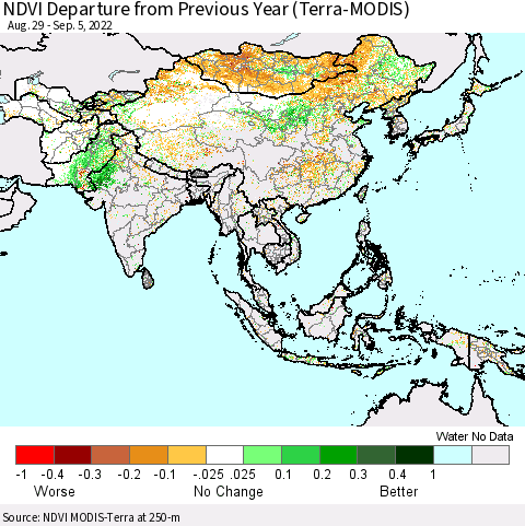 Asia NDVI Departure from Previous Year (Terra-MODIS) Thematic Map For 8/29/2022 - 9/5/2022