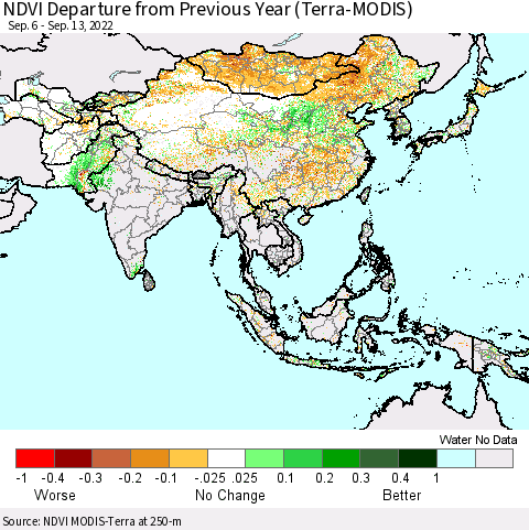 Asia NDVI Departure from Previous Year (Terra-MODIS) Thematic Map For 9/6/2022 - 9/13/2022
