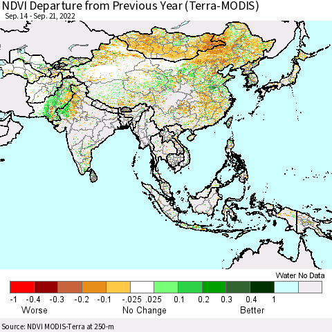 Asia NDVI Departure from Previous Year (Terra-MODIS) Thematic Map For 9/14/2022 - 9/21/2022