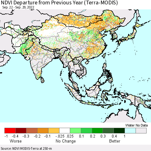 Asia NDVI Departure from Previous Year (Terra-MODIS) Thematic Map For 9/22/2022 - 9/29/2022