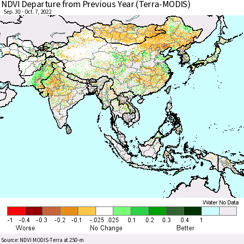 Asia NDVI Departure from Previous Year (Terra-MODIS) Thematic Map For 9/30/2022 - 10/7/2022