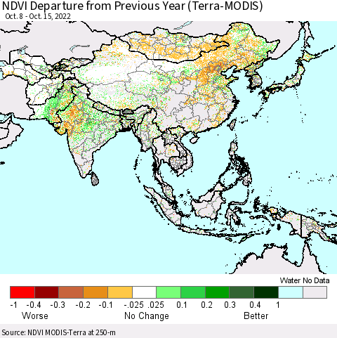 Asia NDVI Departure from Previous Year (Terra-MODIS) Thematic Map For 10/8/2022 - 10/15/2022