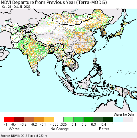 Asia NDVI Departure from Previous Year (Terra-MODIS) Thematic Map For 10/24/2022 - 10/31/2022