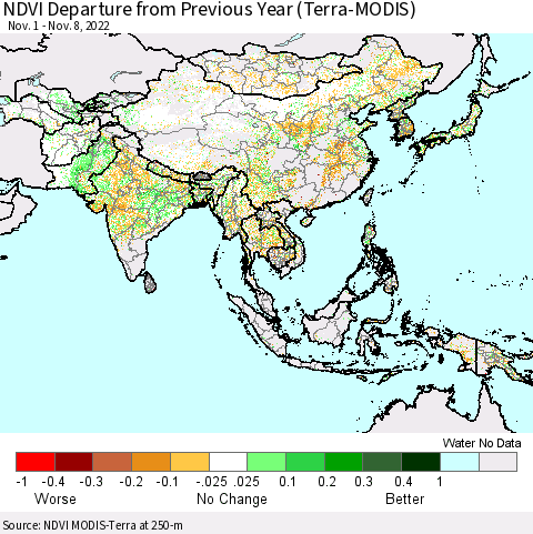 Asia NDVI Departure from Previous Year (Terra-MODIS) Thematic Map For 11/1/2022 - 11/8/2022
