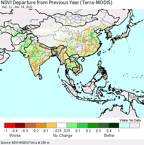Asia NDVI Departure from Previous Year (Terra-MODIS) Thematic Map For 12/11/2022 - 12/18/2022