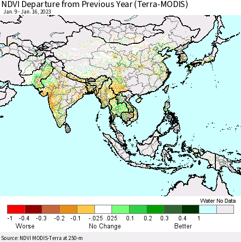 Asia NDVI Departure from Previous Year (Terra-MODIS) Thematic Map For 1/9/2023 - 1/16/2023