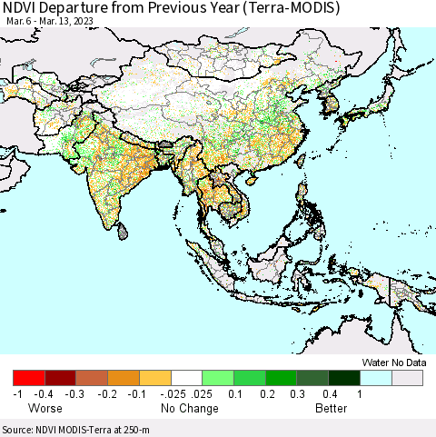 Asia NDVI Departure from Previous Year (Terra-MODIS) Thematic Map For 3/6/2023 - 3/13/2023