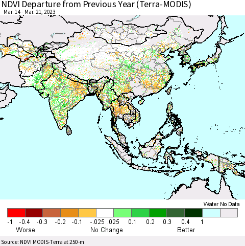 Asia NDVI Departure from Previous Year (Terra-MODIS) Thematic Map For 3/14/2023 - 3/21/2023