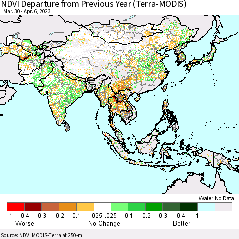Asia NDVI Departure from Previous Year (Terra-MODIS) Thematic Map For 3/30/2023 - 4/6/2023