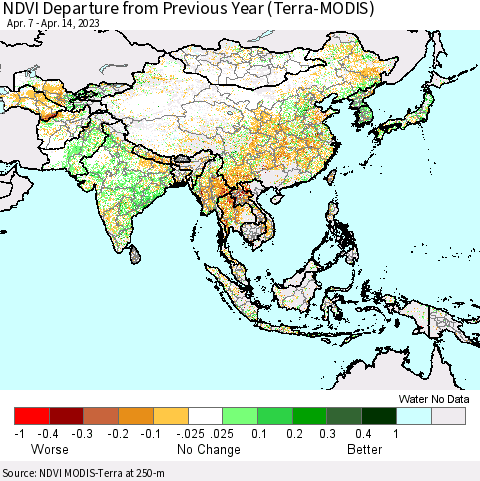 Asia NDVI Departure from Previous Year (Terra-MODIS) Thematic Map For 4/7/2023 - 4/14/2023