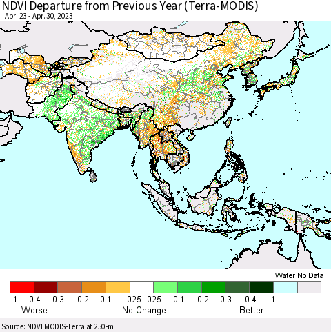 Asia NDVI Departure from Previous Year (Terra-MODIS) Thematic Map For 4/23/2023 - 4/30/2023