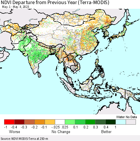 Asia NDVI Departure from Previous Year (Terra-MODIS) Thematic Map For 5/1/2023 - 5/8/2023
