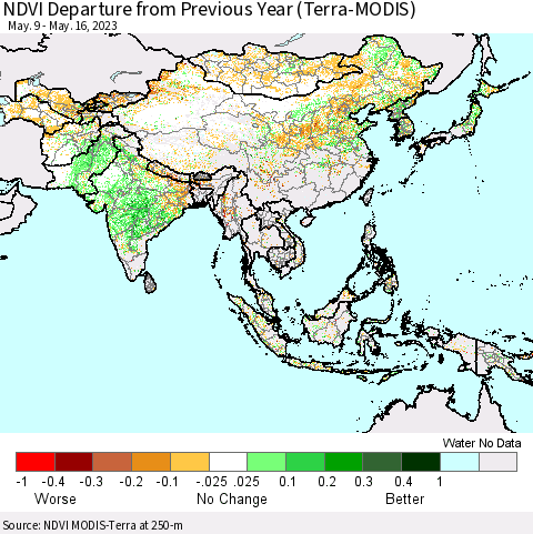 Asia NDVI Departure from Previous Year (Terra-MODIS) Thematic Map For 5/9/2023 - 5/16/2023