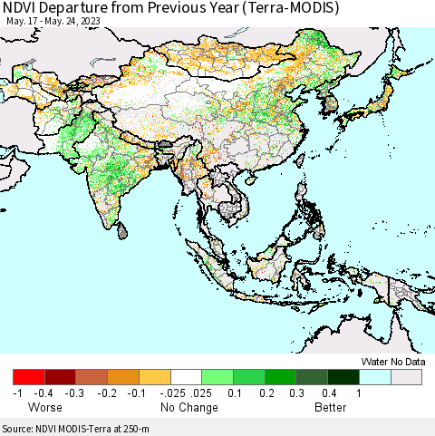 Asia NDVI Departure from Previous Year (Terra-MODIS) Thematic Map For 5/17/2023 - 5/24/2023