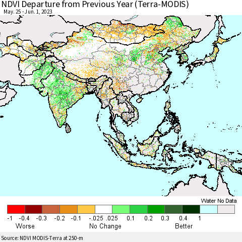 Asia NDVI Departure from Previous Year (Terra-MODIS) Thematic Map For 5/25/2023 - 6/1/2023