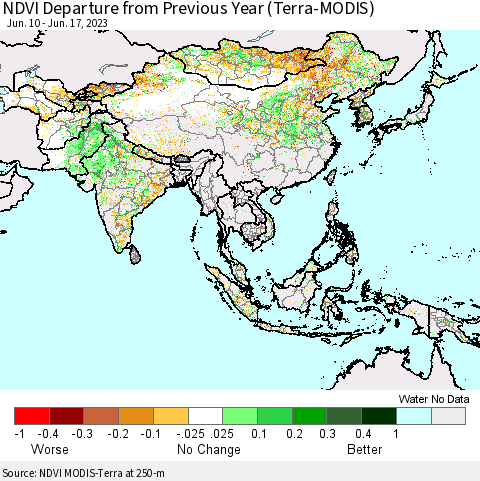 Asia NDVI Departure from Previous Year (Terra-MODIS) Thematic Map For 6/10/2023 - 6/17/2023