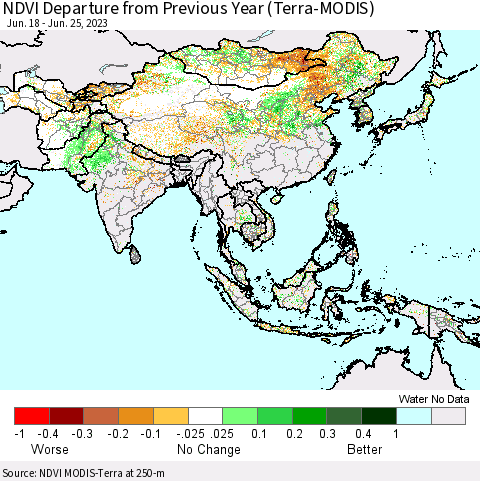 Asia NDVI Departure from Previous Year (Terra-MODIS) Thematic Map For 6/18/2023 - 6/25/2023