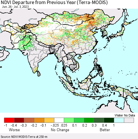Asia NDVI Departure from Previous Year (Terra-MODIS) Thematic Map For 6/26/2023 - 7/3/2023