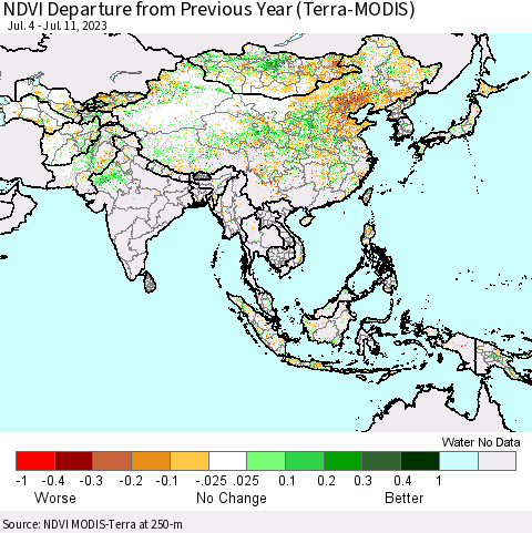Asia NDVI Departure from Previous Year (Terra-MODIS) Thematic Map For 7/4/2023 - 7/11/2023