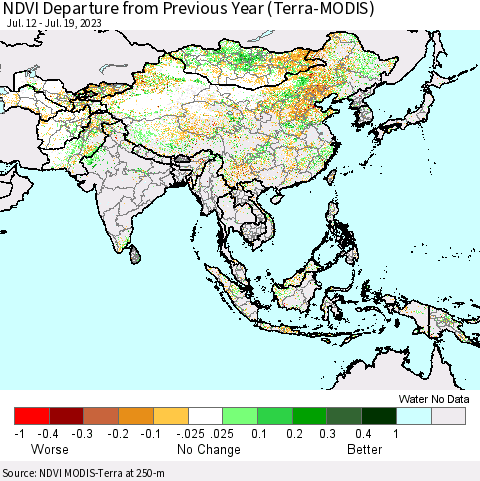 Asia NDVI Departure from Previous Year (Terra-MODIS) Thematic Map For 7/12/2023 - 7/19/2023