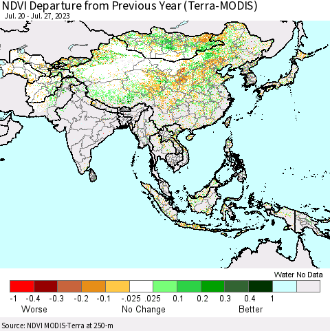 Asia NDVI Departure from Previous Year (Terra-MODIS) Thematic Map For 7/20/2023 - 7/27/2023