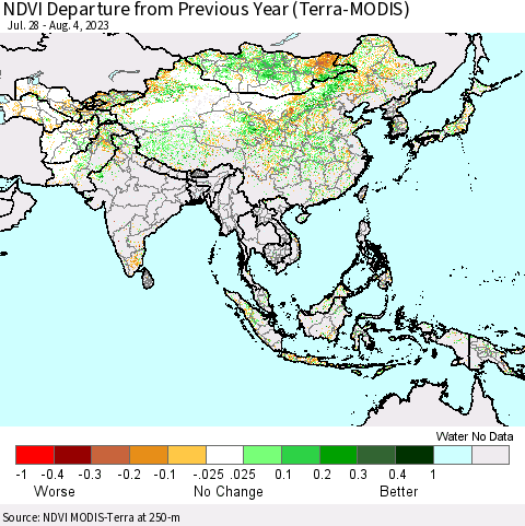 Asia NDVI Departure from Previous Year (Terra-MODIS) Thematic Map For 7/28/2023 - 8/4/2023