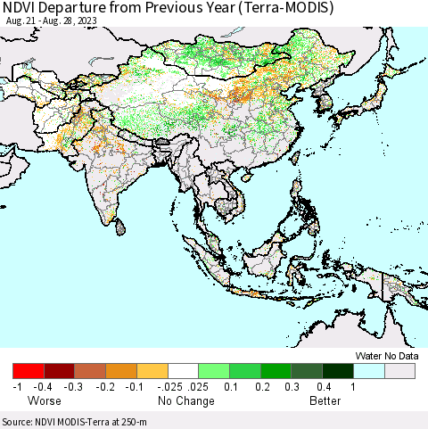 Asia NDVI Departure from Previous Year (Terra-MODIS) Thematic Map For 8/21/2023 - 8/28/2023
