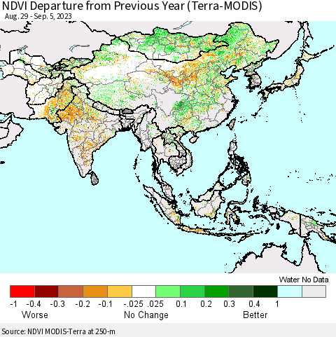 Asia NDVI Departure from Previous Year (Terra-MODIS) Thematic Map For 8/29/2023 - 9/5/2023