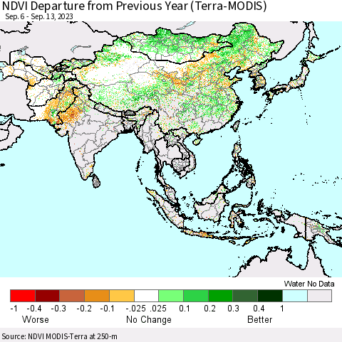 Asia NDVI Departure from Previous Year (Terra-MODIS) Thematic Map For 9/6/2023 - 9/13/2023