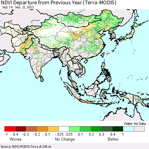 Asia NDVI Departure from Previous Year (Terra-MODIS) Thematic Map For 9/14/2023 - 9/21/2023