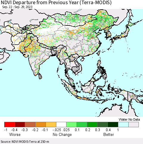 Asia NDVI Departure from Previous Year (Terra-MODIS) Thematic Map For 9/22/2023 - 9/29/2023