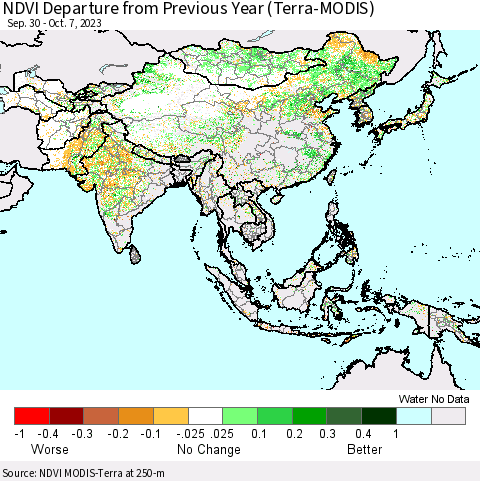 Asia NDVI Departure from Previous Year (Terra-MODIS) Thematic Map For 9/30/2023 - 10/7/2023