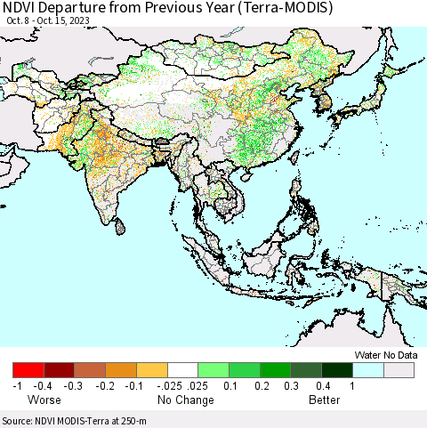 Asia NDVI Departure from Previous Year (Terra-MODIS) Thematic Map For 10/8/2023 - 10/15/2023
