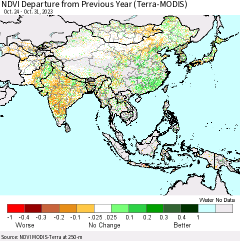 Asia NDVI Departure from Previous Year (Terra-MODIS) Thematic Map For 10/24/2023 - 10/31/2023