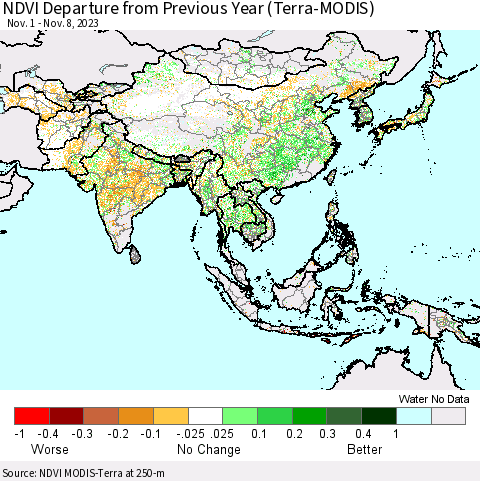Asia NDVI Departure from Previous Year (Terra-MODIS) Thematic Map For 11/1/2023 - 11/8/2023