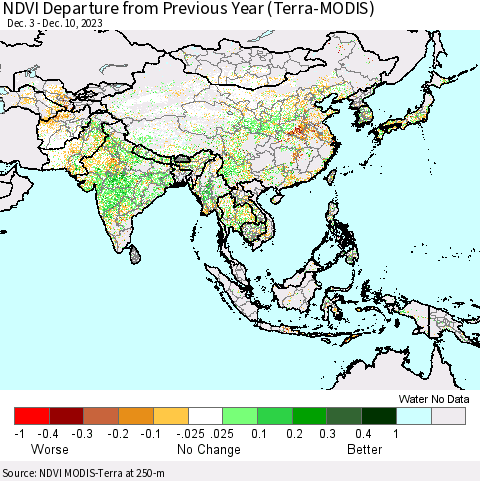 Asia NDVI Departure from Previous Year (Terra-MODIS) Thematic Map For 12/3/2023 - 12/10/2023