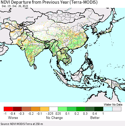 Asia NDVI Departure from Previous Year (Terra-MODIS) Thematic Map For 12/19/2023 - 12/26/2023