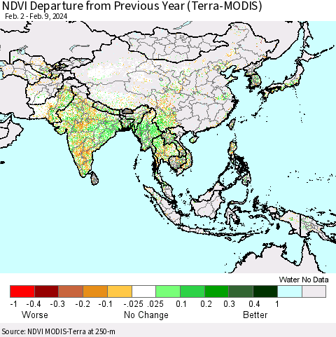 Asia NDVI Departure from Previous Year (Terra-MODIS) Thematic Map For 2/2/2024 - 2/9/2024