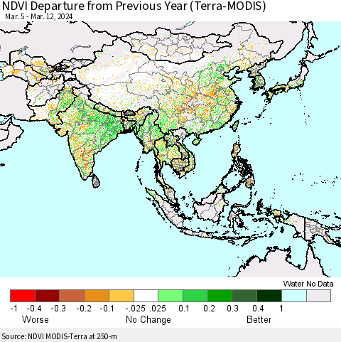 Asia NDVI Departure from Previous Year (Terra-MODIS) Thematic Map For 3/5/2024 - 3/12/2024