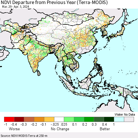 Asia NDVI Departure from Previous Year (Terra-MODIS) Thematic Map For 3/29/2024 - 4/5/2024