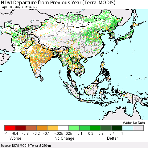 Asia NDVI Departure from Previous Year (Terra-MODIS) Thematic Map For 4/30/2024 - 5/7/2024
